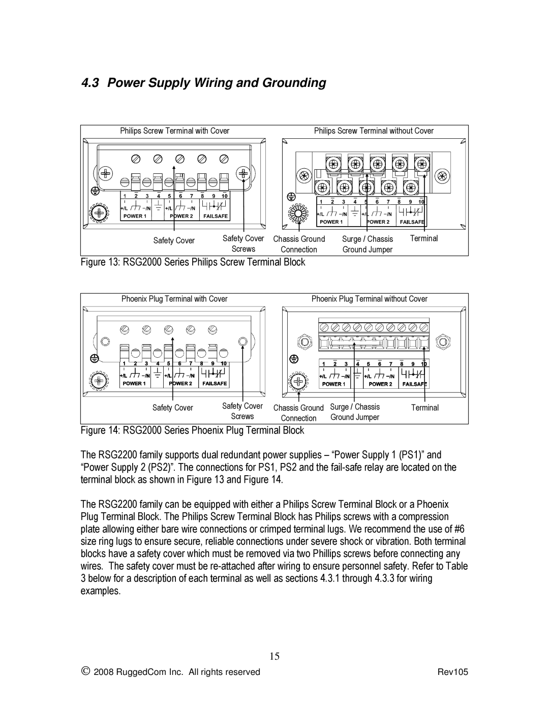 RuggedCom RSG2200 manual Power Supply Wiring and Grounding, RSG2000 Series Philips Screw Terminal Block 