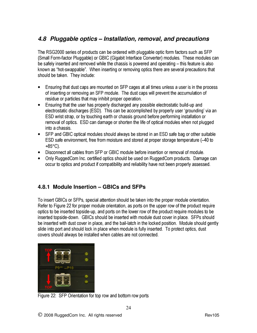 RuggedCom RSG2200 manual Pluggable optics Installation, removal, and precautions 