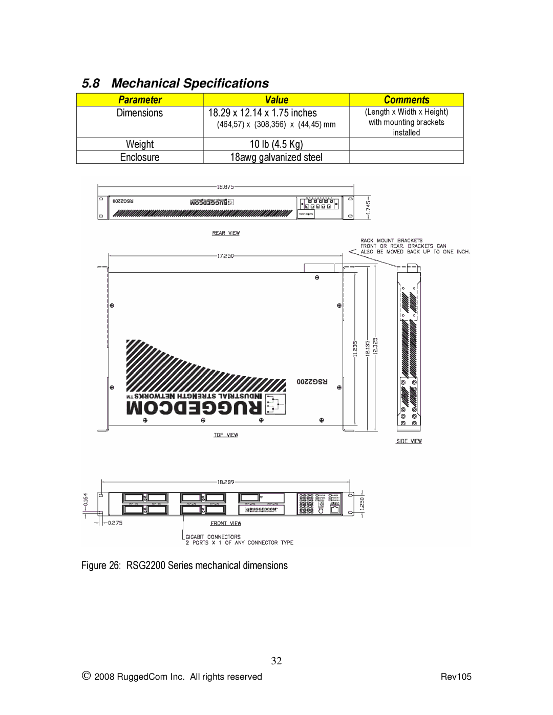 RuggedCom RSG2200 manual Mechanical Specifications, Parameter Value Comments, 18.29 x 12.14 x 1.75 inches 