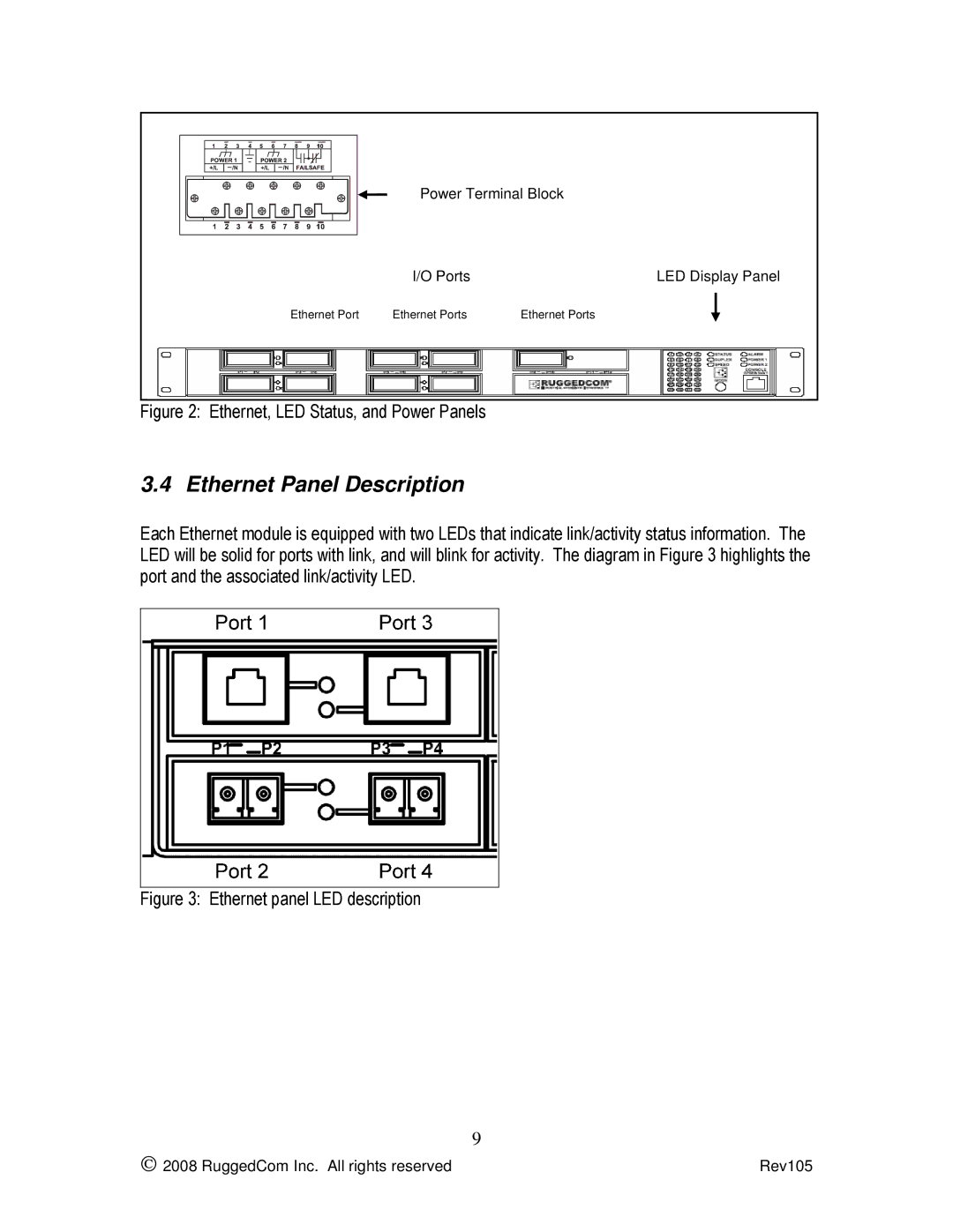 RuggedCom RSG2200 manual Ethernet Panel Description, Ethernet, LED Status, and Power Panels 