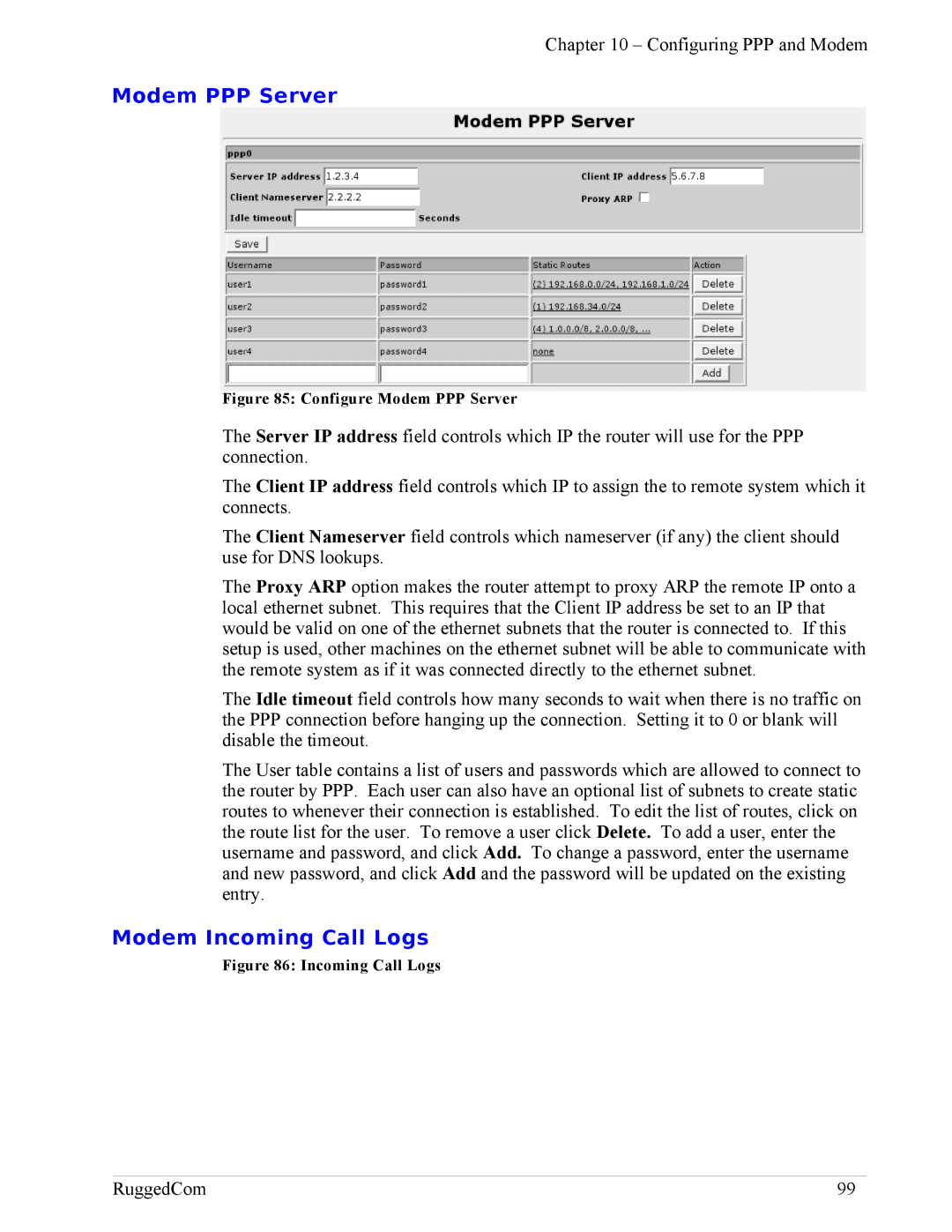 RuggedCom RX1100, RX1000 manual Modem PPP Server, Modem Incoming Call Logs 