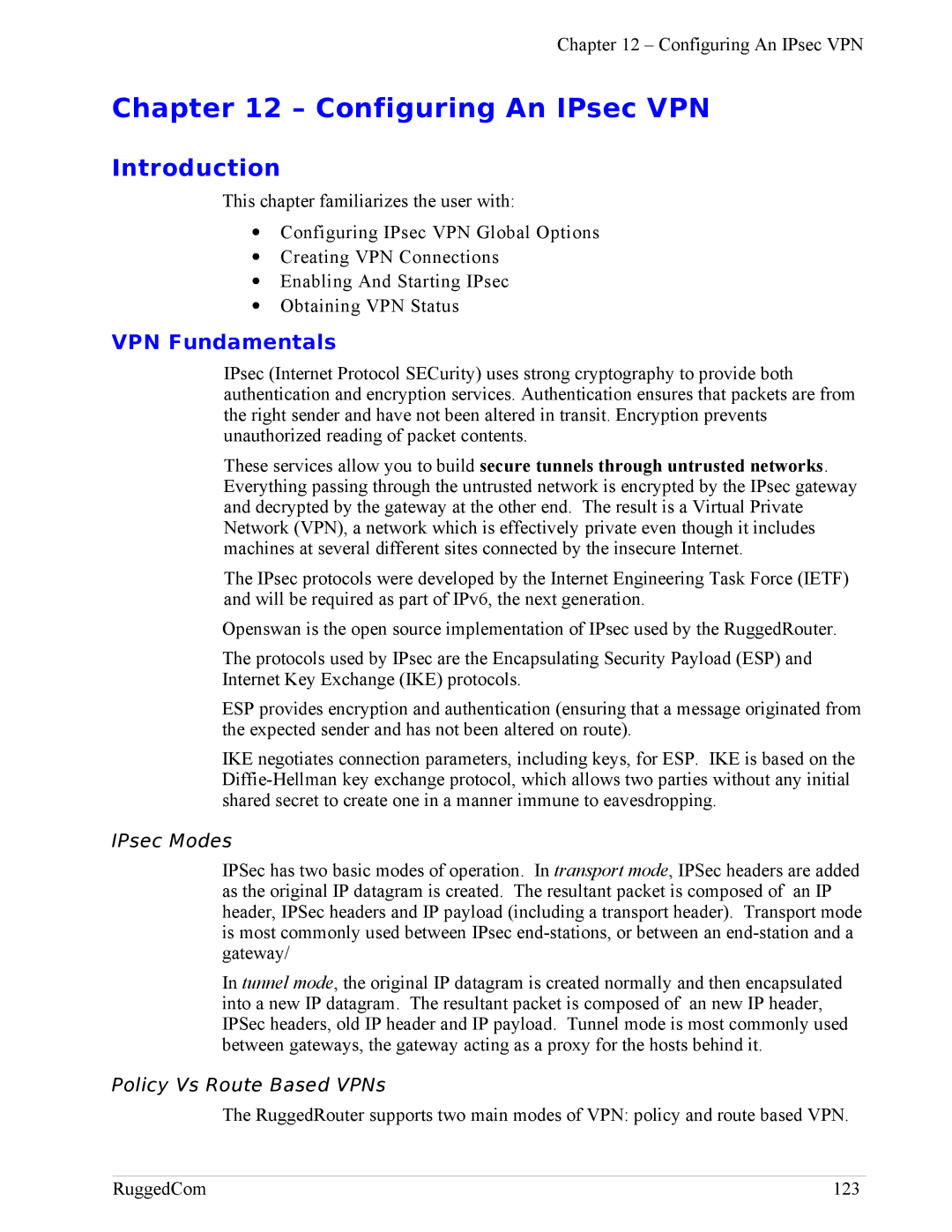 RuggedCom RX1100, RX1000 manual Configuring An IPsec VPN, VPN Fundamentals, IPsec Modes, Policy Vs Route Based VPNs 