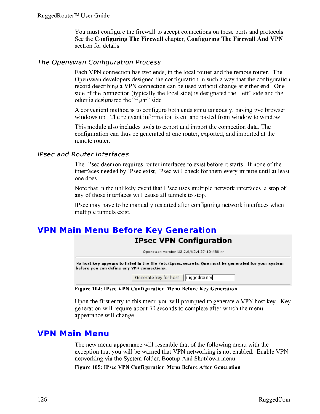 RuggedCom RX1000, RX1100 VPN Main Menu Before Key Generation, Openswan Configuration Process, IPsec and Router Interfaces 