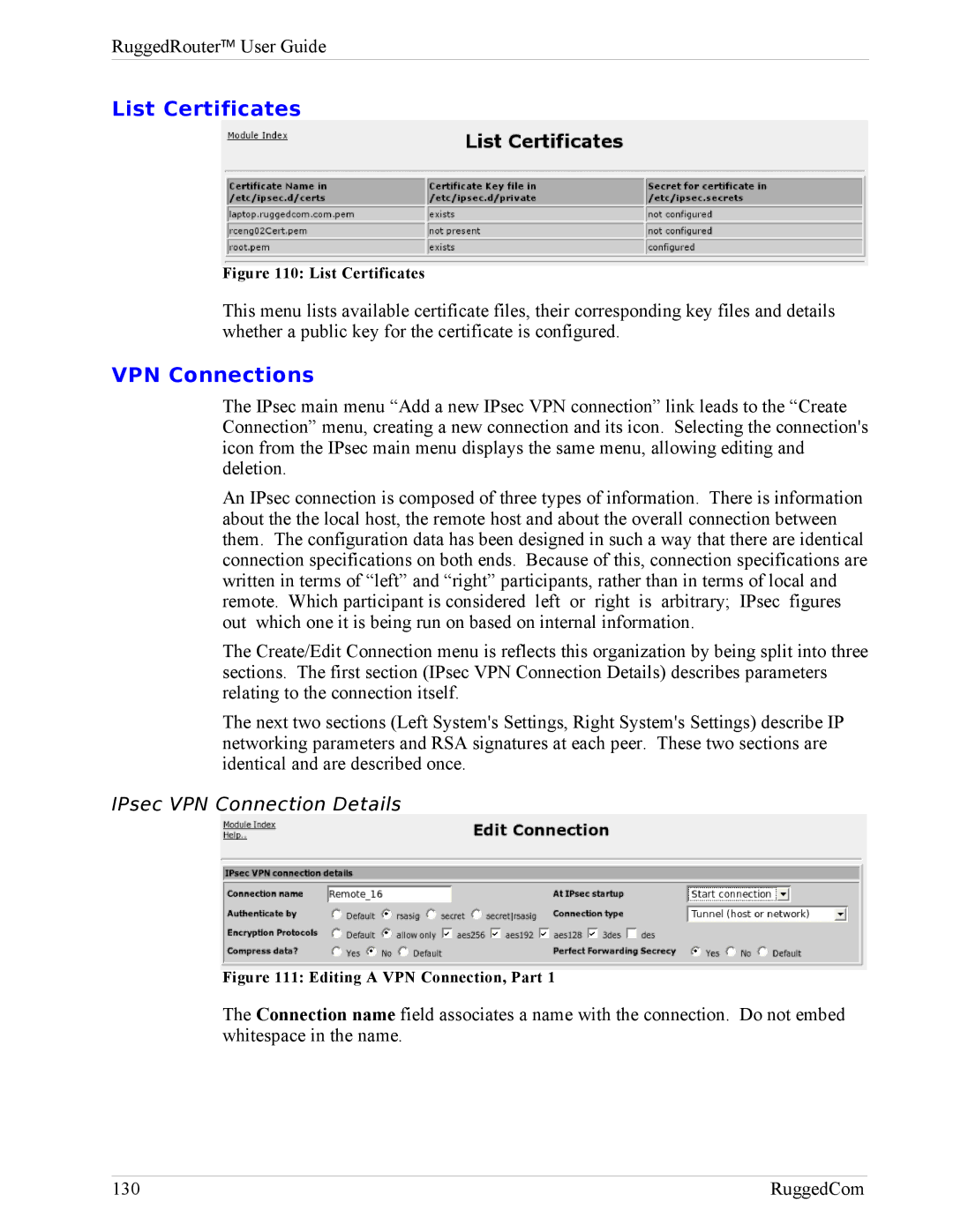 RuggedCom RX1000, RX1100 manual List Certificates, VPN Connections, IPsec VPN Connection Details 