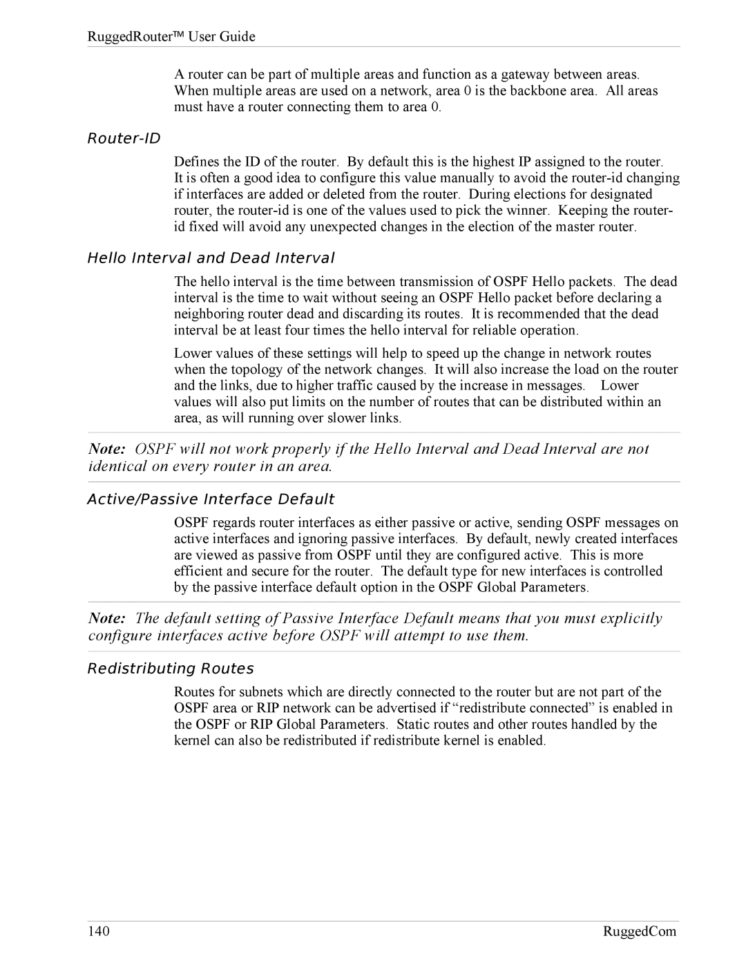 RuggedCom RX1000 Router-ID, Hello Interval and Dead Interval, Active/Passive Interface Default, Redistributing Routes 