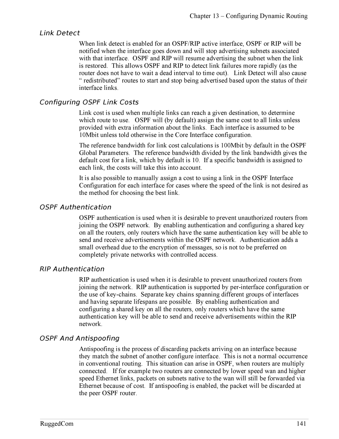 RuggedCom RX1100 Link Detect, Configuring Ospf Link Costs, Ospf Authentication, RIP Authentication, Ospf And Antispoofing 