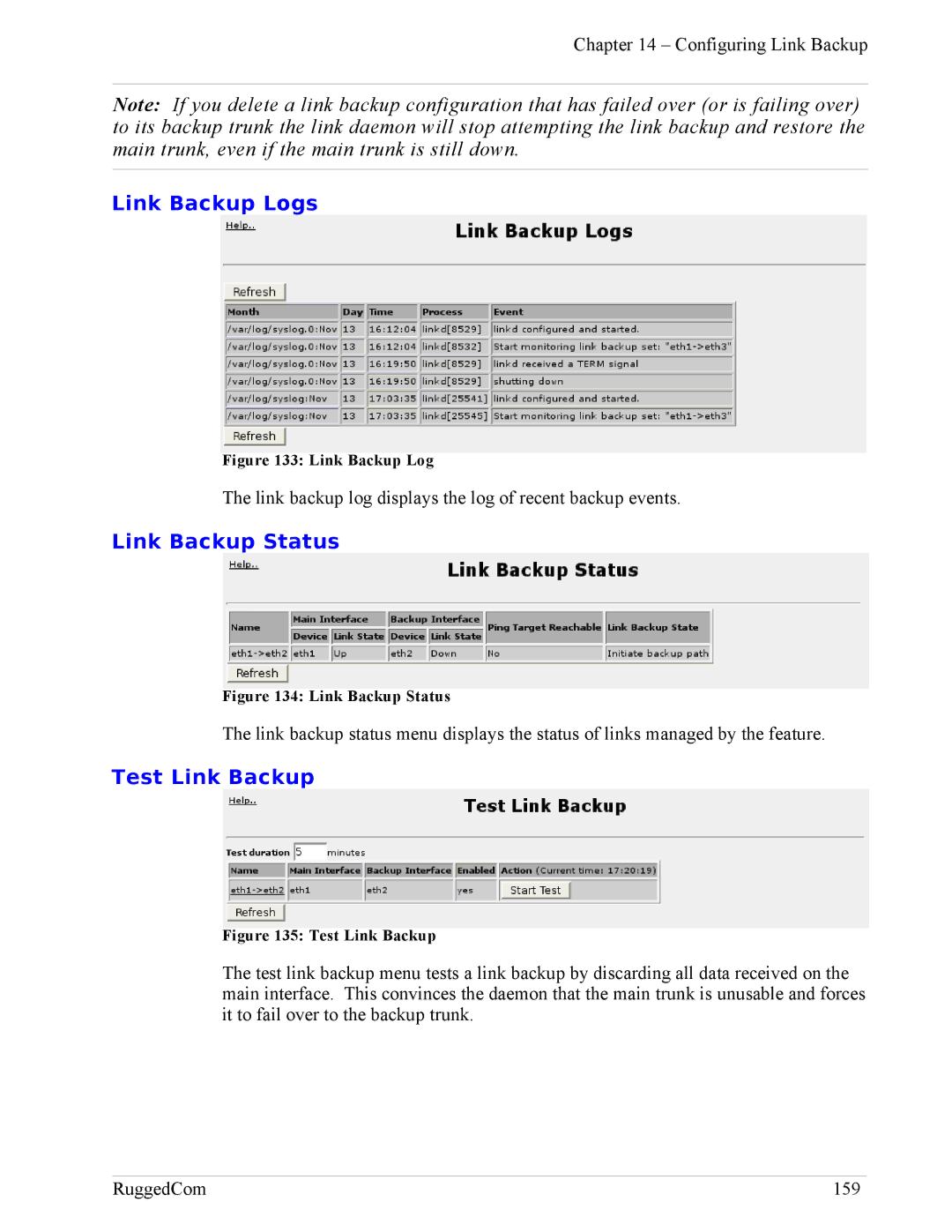 RuggedCom RX1100, RX1000 manual Link Backup Logs, Link Backup Status, Test Link Backup 