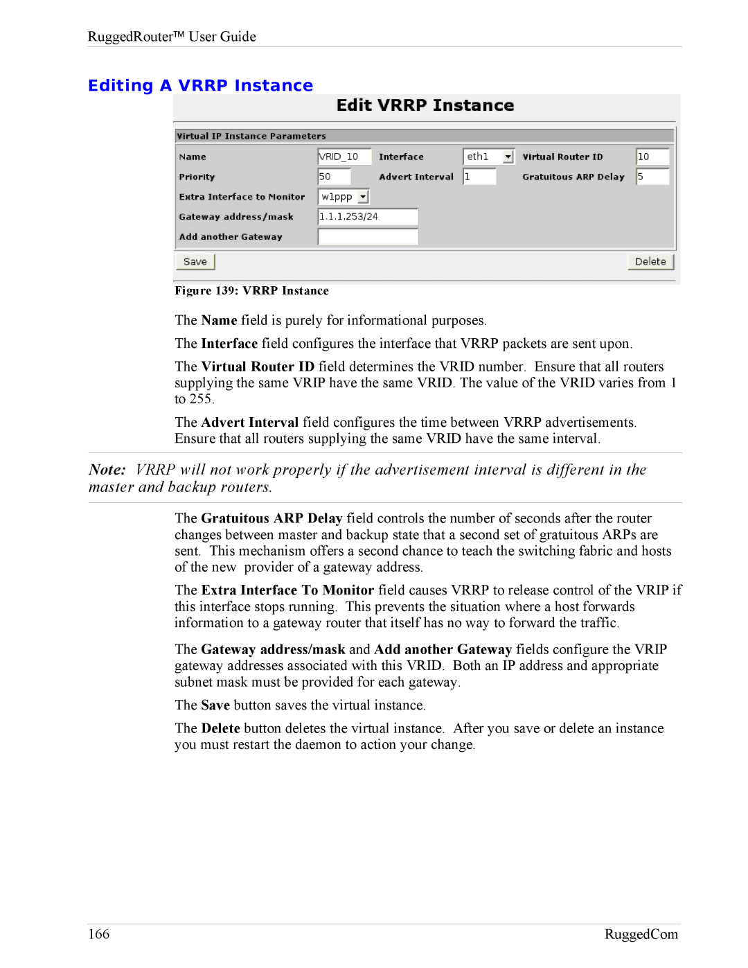 RuggedCom RX1000, RX1100 manual Editing a Vrrp Instance 