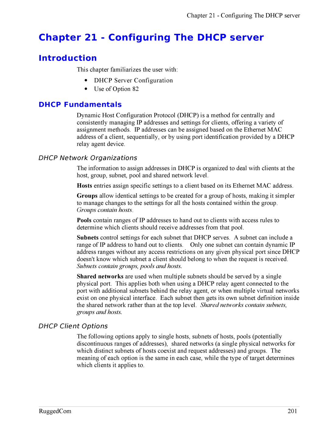 RuggedCom RX1100, RX1000 Configuring The Dhcp server, Dhcp Fundamentals, Dhcp Network Organizations, Dhcp Client Options 