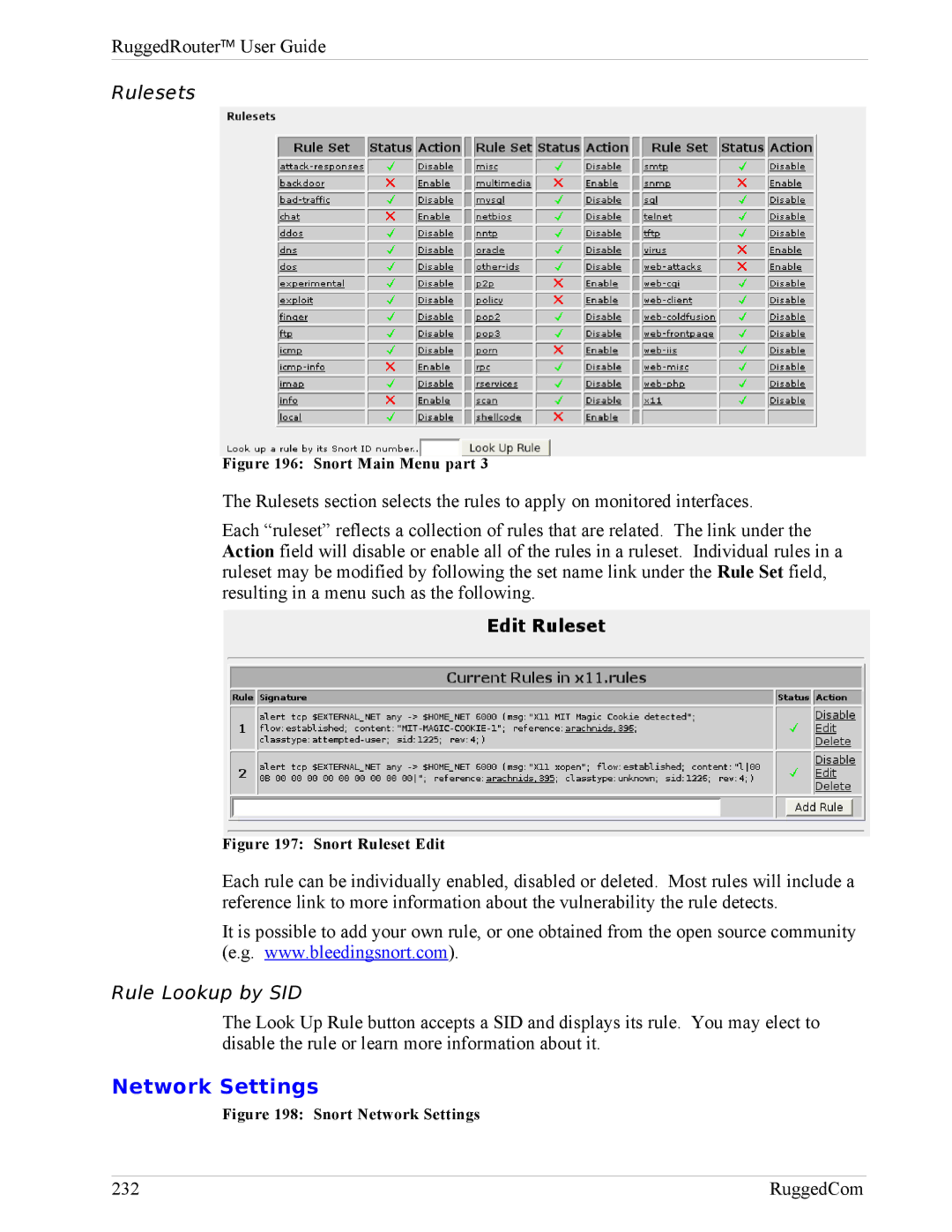 RuggedCom RX1000, RX1100 manual Network Settings, Rulesets, Rule Lookup by SID 