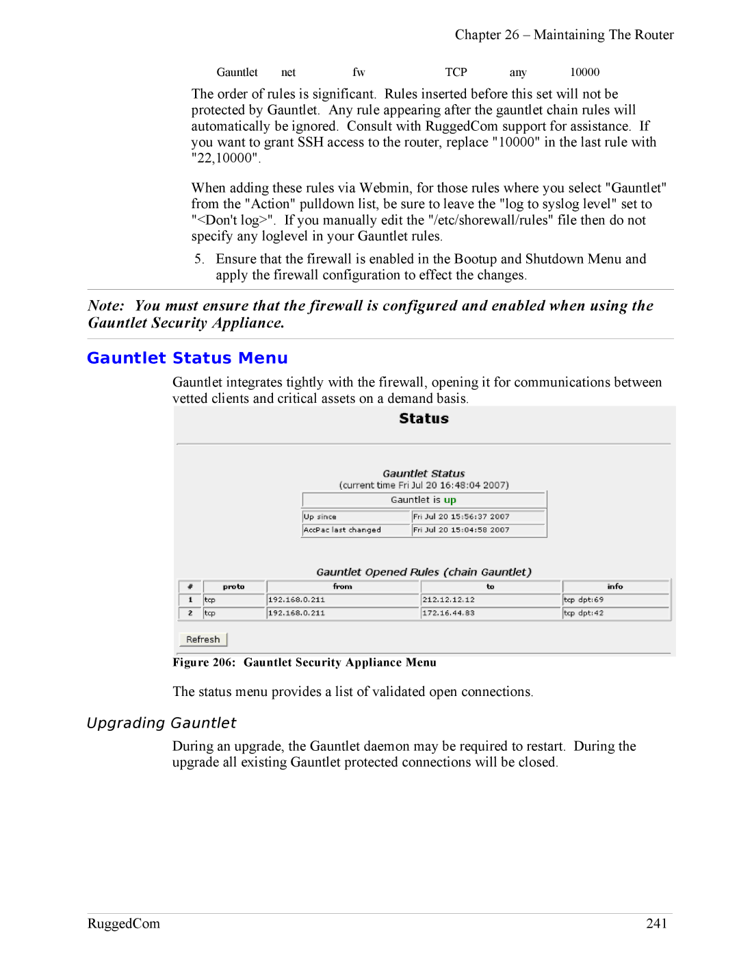 RuggedCom RX1100, RX1000 manual Gauntlet Status Menu, Upgrading Gauntlet 