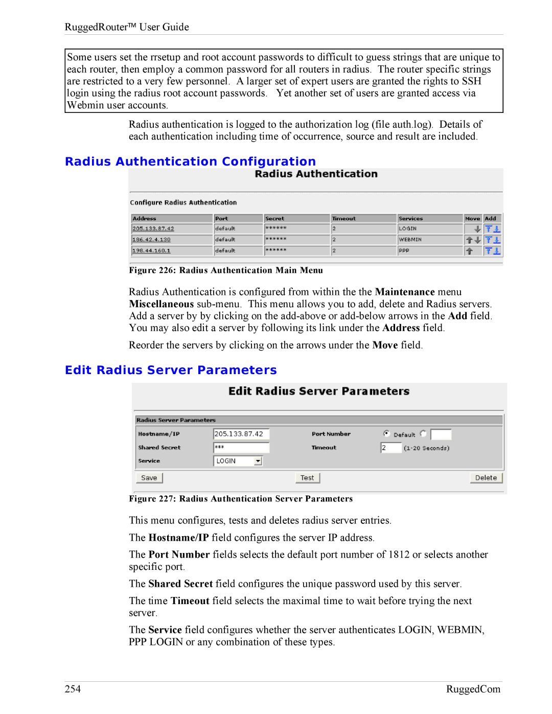 RuggedCom RX1000, RX1100 manual Radius Authentication Configuration, Edit Radius Server Parameters 