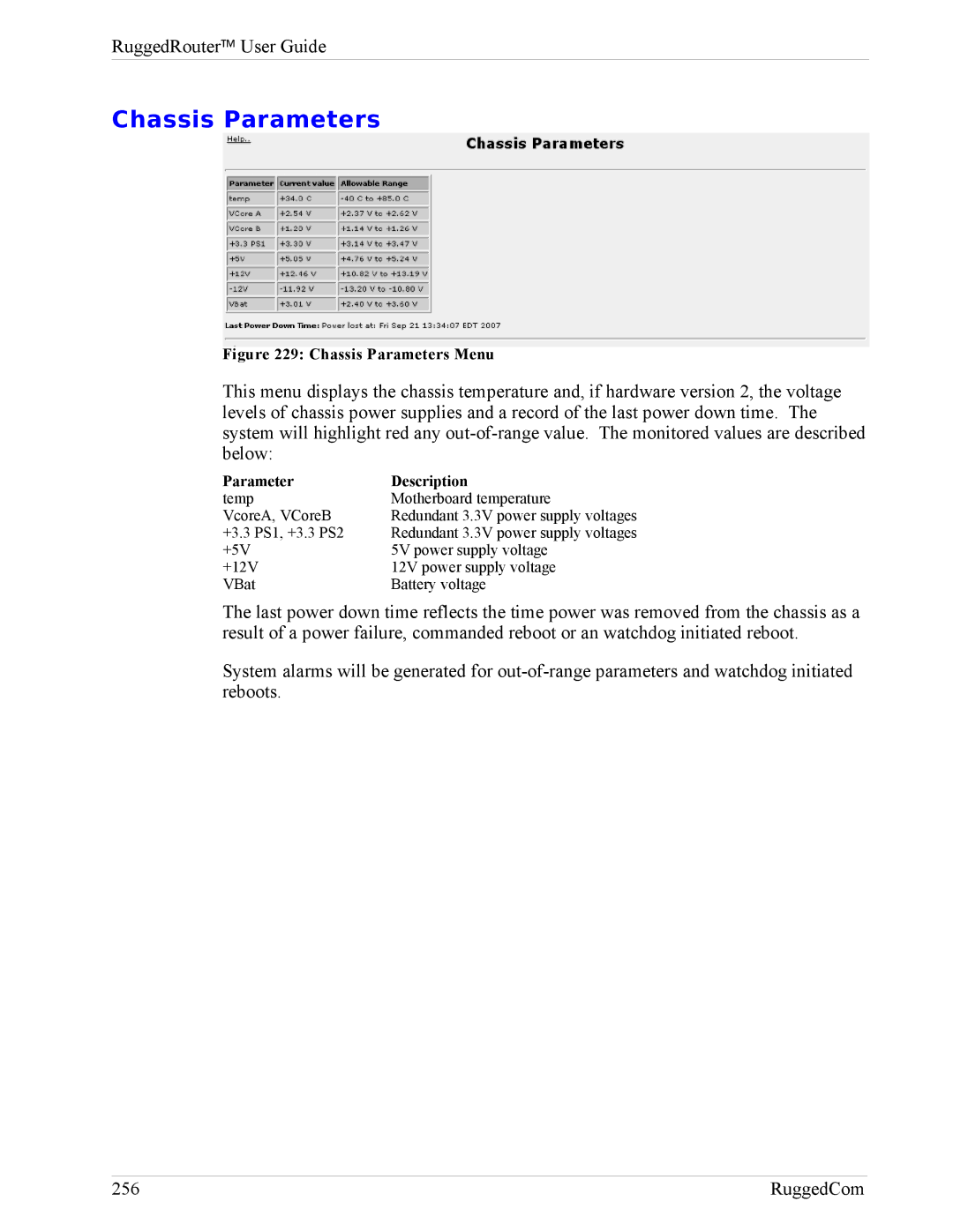 RuggedCom RX1000, RX1100 manual Chassis Parameters, Parameter Description 