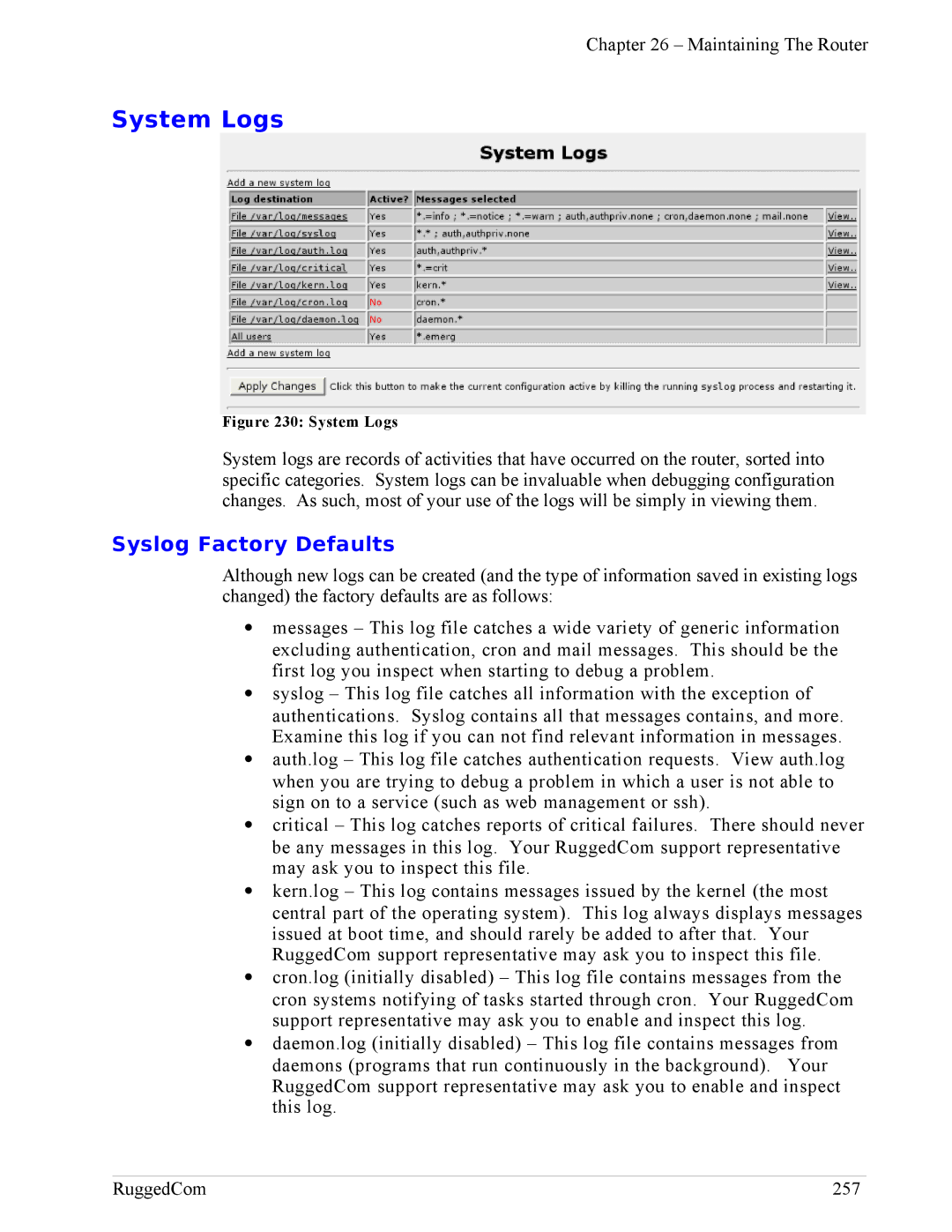 RuggedCom RX1100, RX1000 manual System Logs, Syslog Factory Defaults 