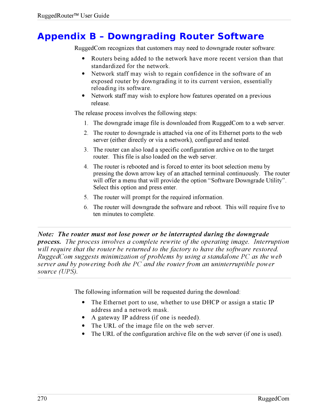 RuggedCom RX1000, RX1100 manual Appendix B Downgrading Router Software 