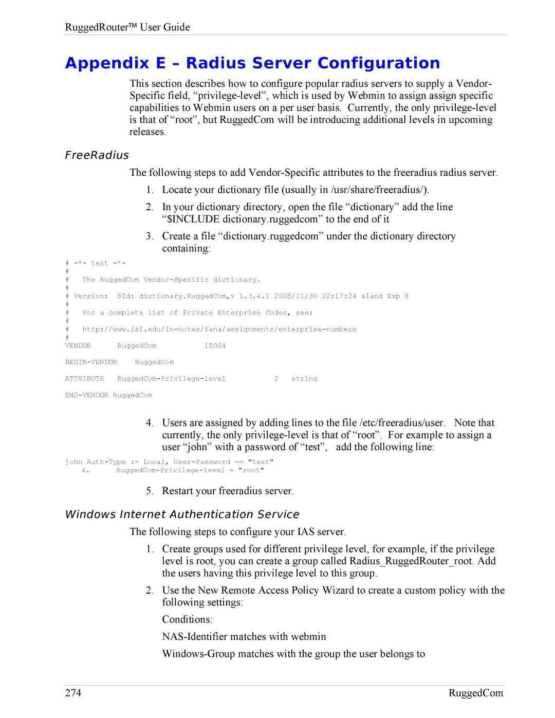 RuggedCom RX1000, RX1100 manual Appendix E Radius Server Configuration, FreeRadius, Windows Internet Authentication Service 