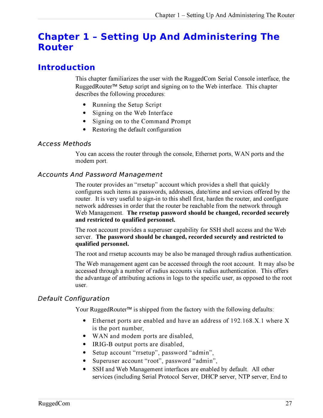 RuggedCom RX1100 Setting Up And Administering The Router, Introduction, Access Methods, Accounts And Password Management 