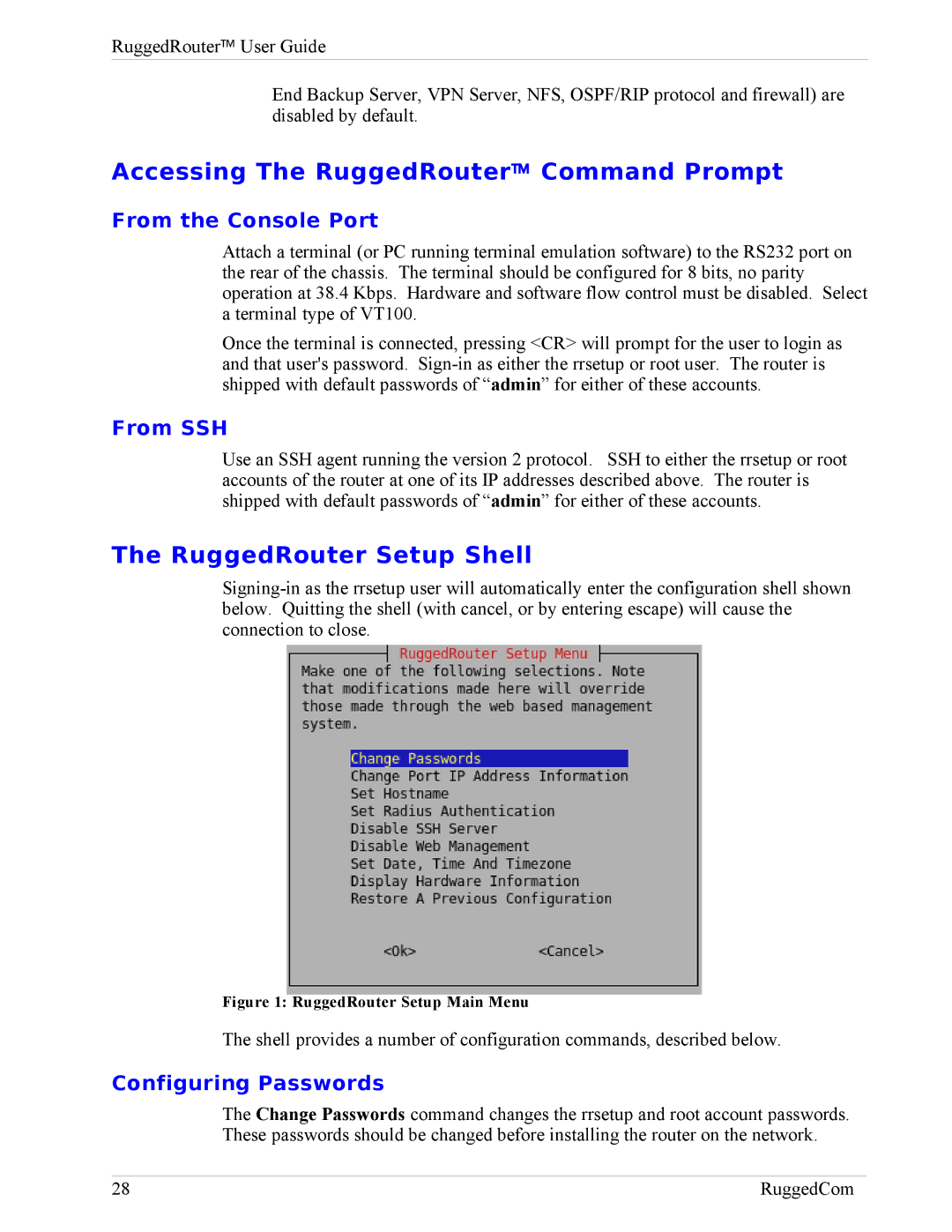 RuggedCom RX1000 Accessing The RuggedRouter Command Prompt, RuggedRouter Setup Shell, From the Console Port, From SSH 