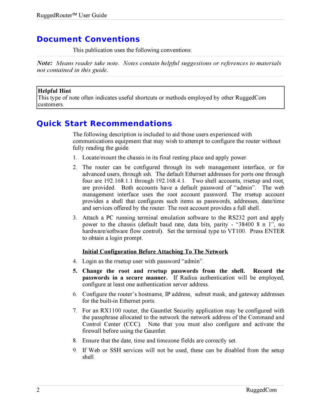 RuggedCom RX1000, RX1100 manual Document Conventions, Quick Start Recommendations 