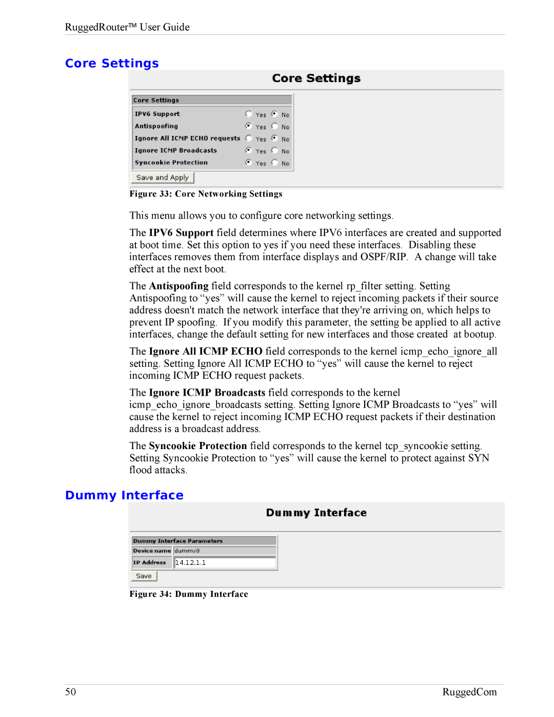 RuggedCom RX1000, RX1100 manual Core Settings, Dummy Interface 