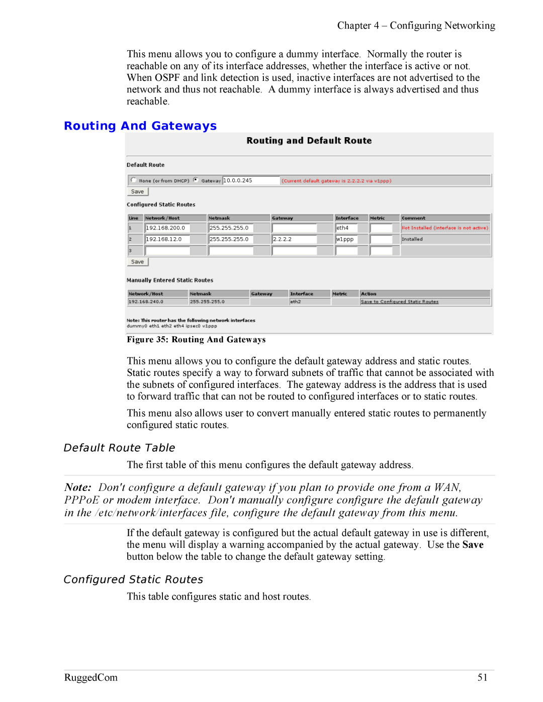 RuggedCom RX1100, RX1000 manual Routing And Gateways, Default Route Table, Configured Static Routes 