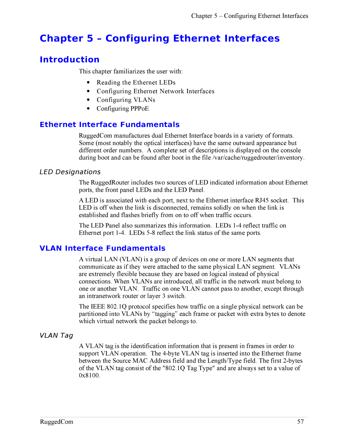 RuggedCom RX1100 Configuring Ethernet Interfaces, Ethernet Interface Fundamentals, Vlan Interface Fundamentals, Vlan Tag 