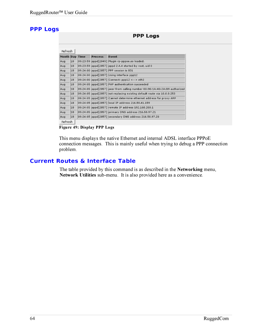 RuggedCom RX1000, RX1100 manual PPP Logs, Current Routes & Interface Table 