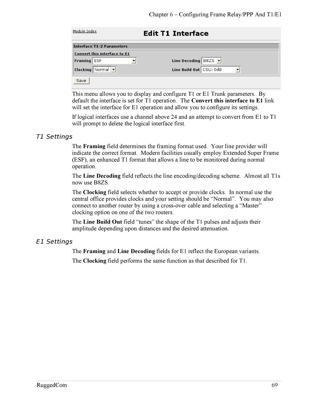 RuggedCom RX1100, RX1000 manual T1 Settings, E1 Settings 