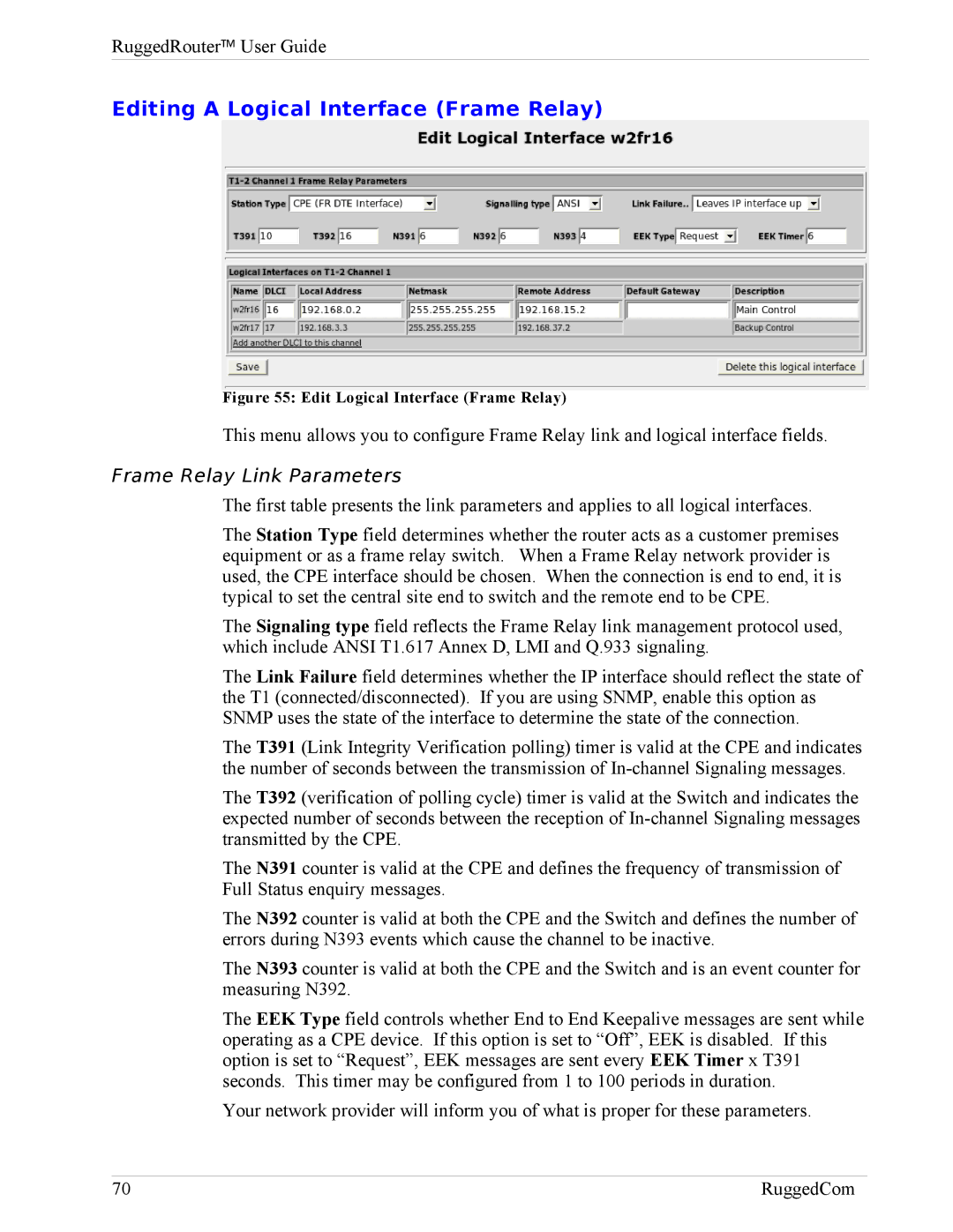 RuggedCom RX1000, RX1100 manual Editing a Logical Interface Frame Relay, Frame Relay Link Parameters 