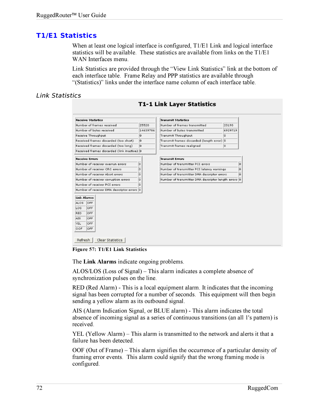 RuggedCom RX1000, RX1100 manual T1/E1 Statistics, Link Statistics 