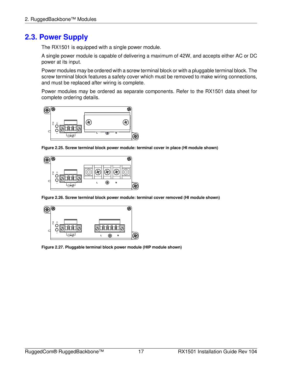 RuggedCom RX1501 manual Power Supply, Pluggable terminal block power module HIP module shown 