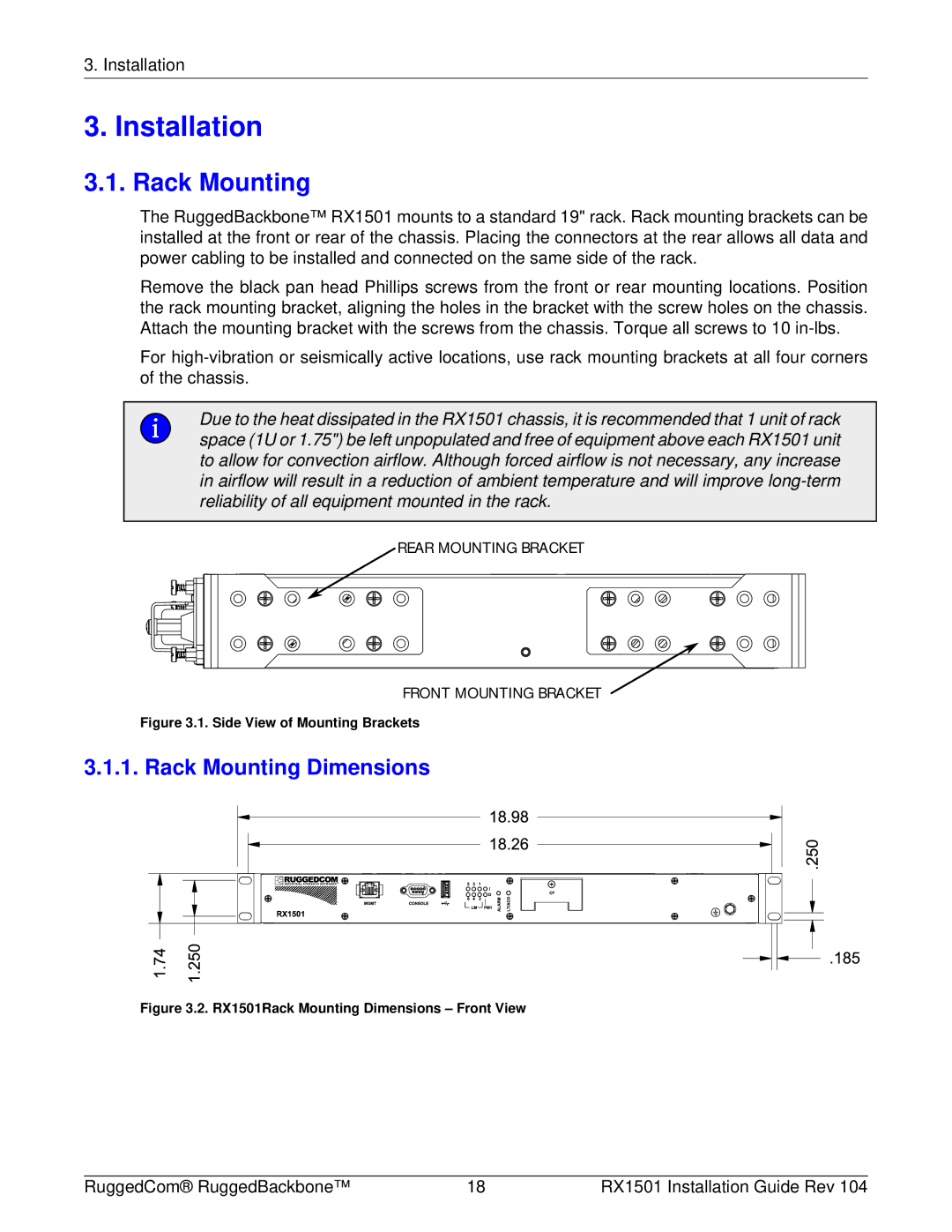 RuggedCom RX1501 manual Installation, Rack Mounting Dimensions 