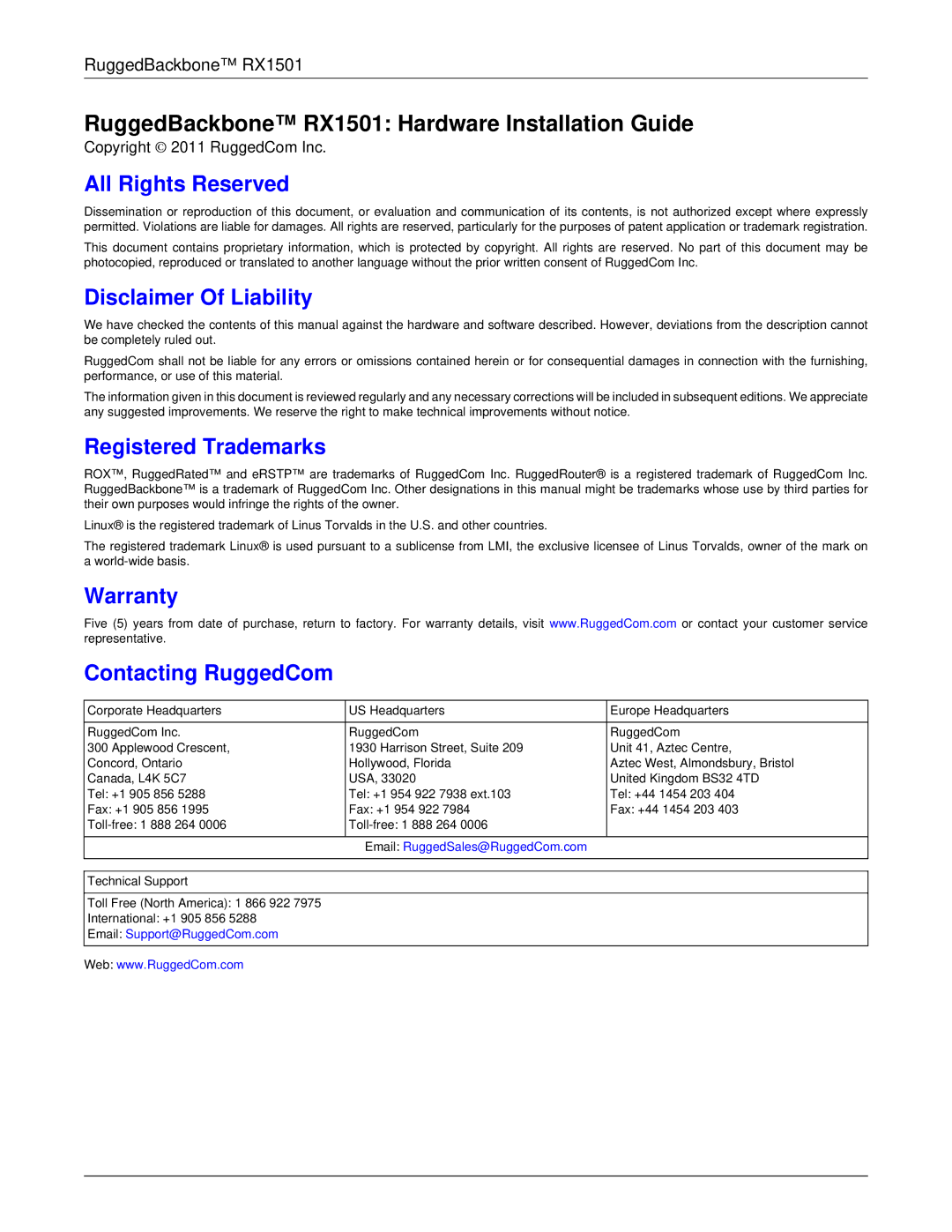 RuggedCom RX1501 manual All Rights Reserved, Disclaimer Of Liability, Registered Trademarks, Warranty Contacting RuggedCom 