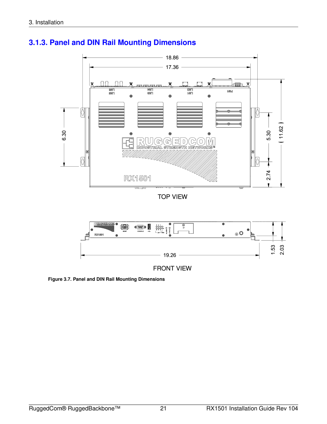 RuggedCom RX1501 manual Panel and DIN Rail Mounting Dimensions 