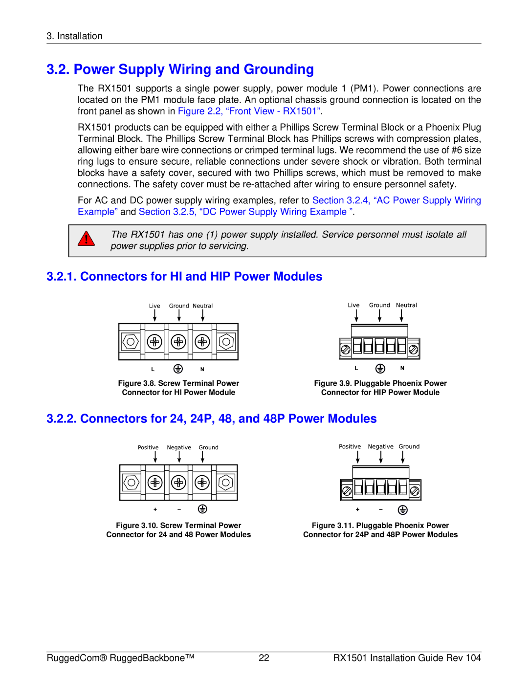 RuggedCom RX1501 manual Power Supply Wiring and Grounding, Connectors for HI and HIP Power Modules 