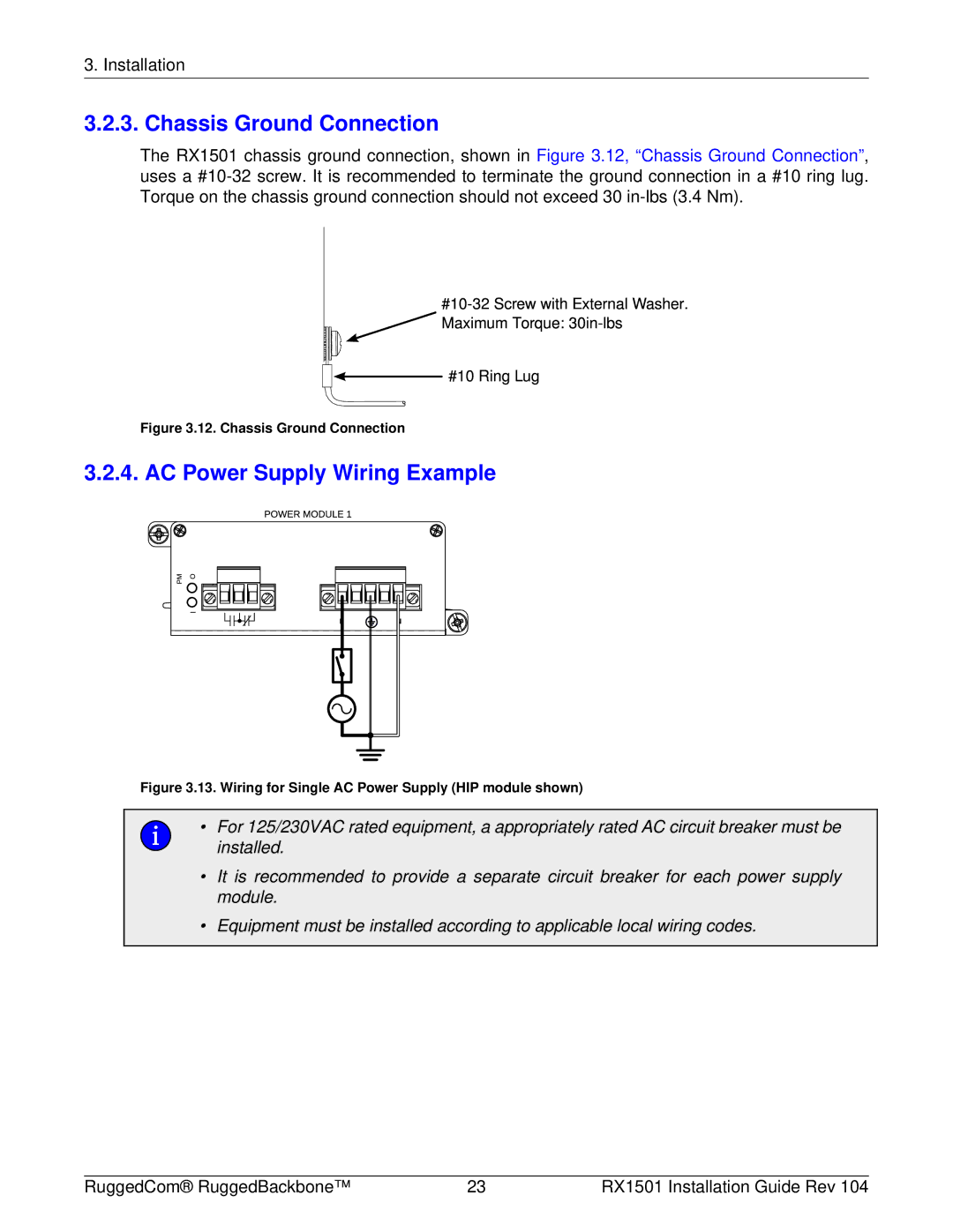 RuggedCom RX1501 manual Chassis Ground Connection, AC Power Supply Wiring Example 