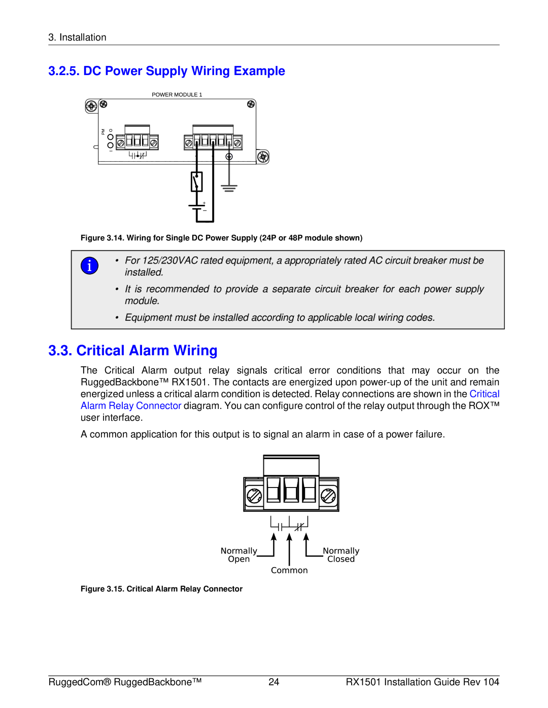 RuggedCom RX1501 manual Critical Alarm Wiring, DC Power Supply Wiring Example 