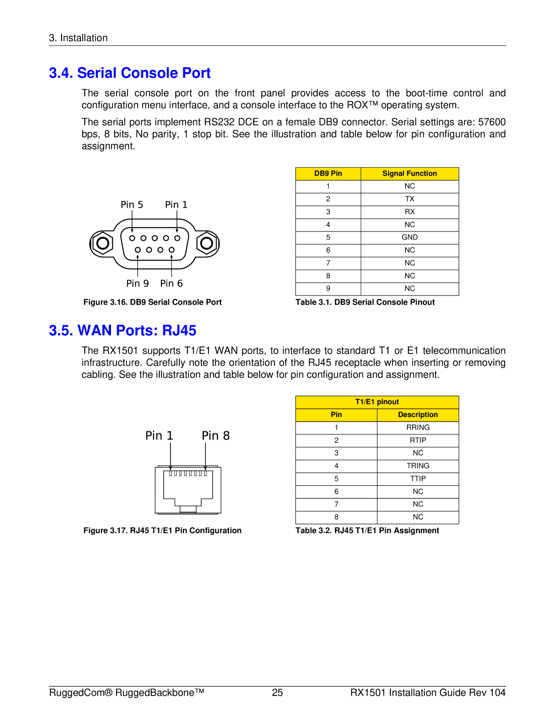 RuggedCom RX1501 manual Serial Console Port, WAN Ports RJ45, DB9 Pin, T1/E1 pinout 