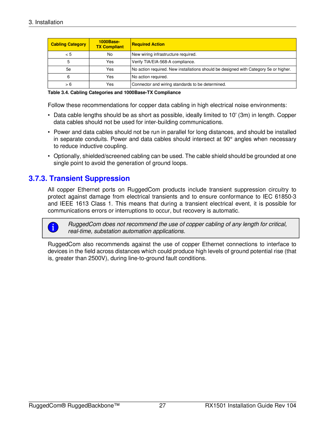 RuggedCom RX1501 manual Transient Suppression, Cabling Category 1000Base Required Action 