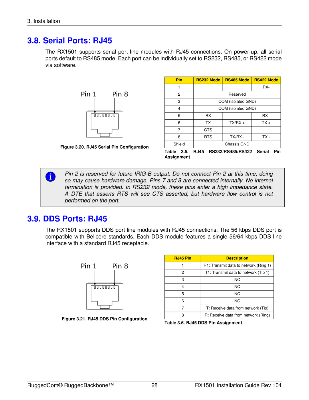 RuggedCom RX1501 manual Serial Ports RJ45, DDS Ports RJ45, Pin RS232 Mode RS485 Mode RS422 Mode, RJ45 Pin Description 