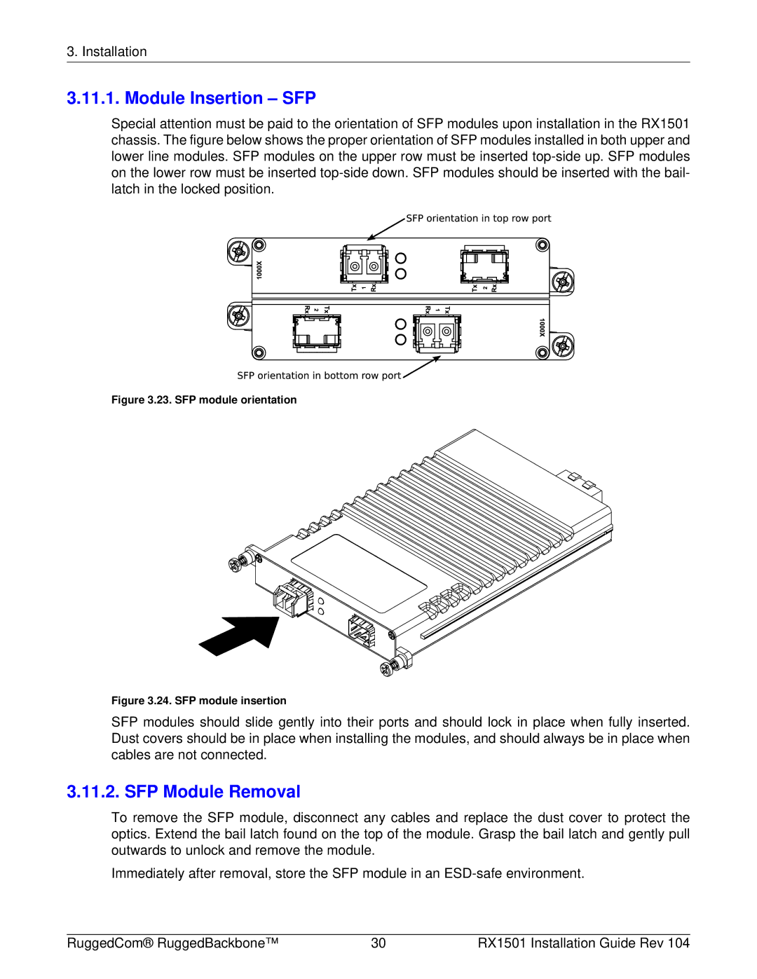 RuggedCom RX1501 manual Module Insertion SFP, SFP Module Removal 