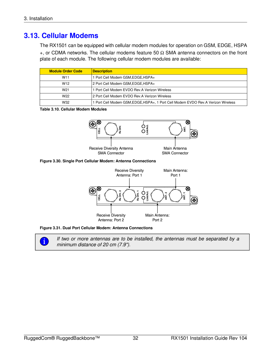 RuggedCom RX1501 manual Cellular Modems, Module Order Code Description 