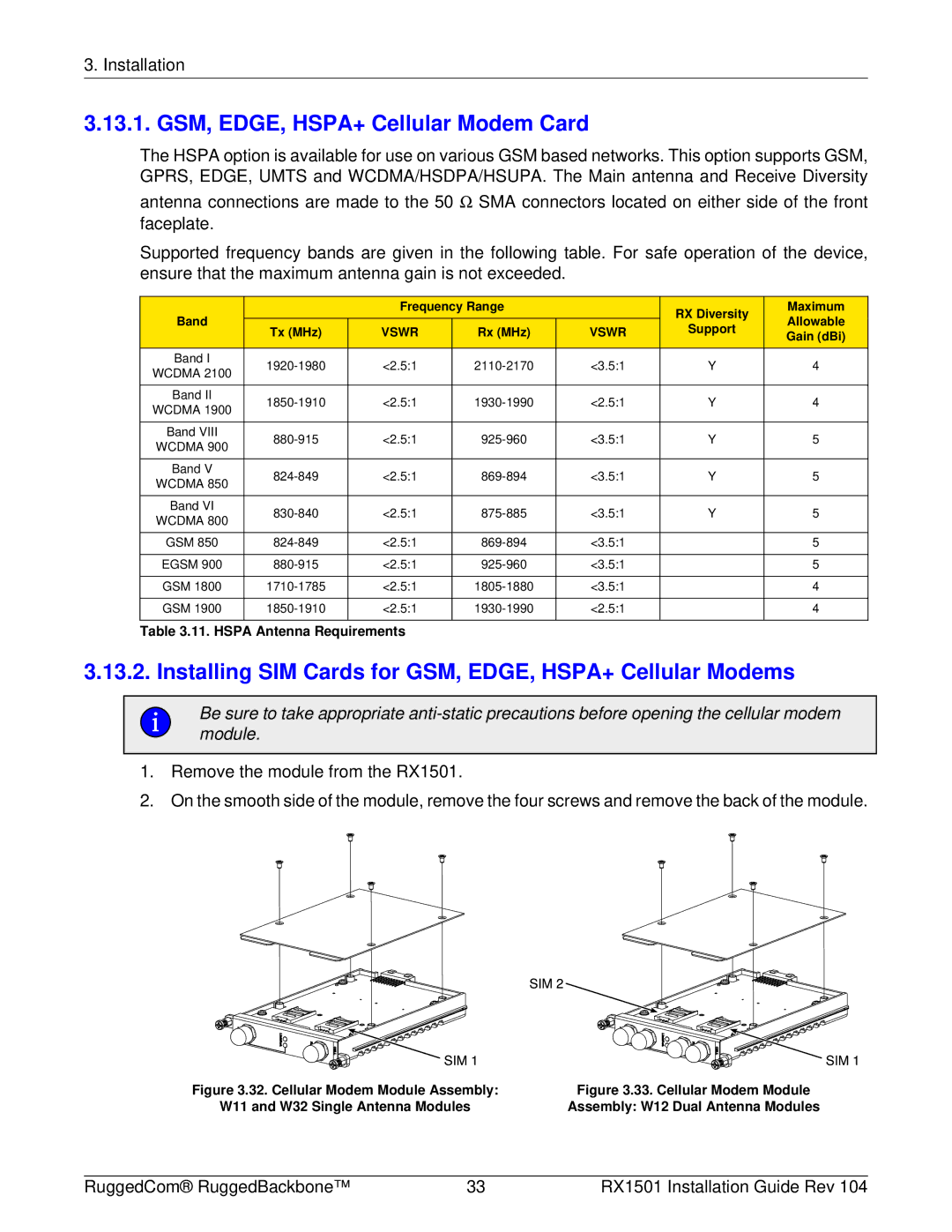 RuggedCom RX1501 manual GSM, EDGE, HSPA+ Cellular Modem Card, Installing SIM Cards for GSM, EDGE, HSPA+ Cellular Modems 