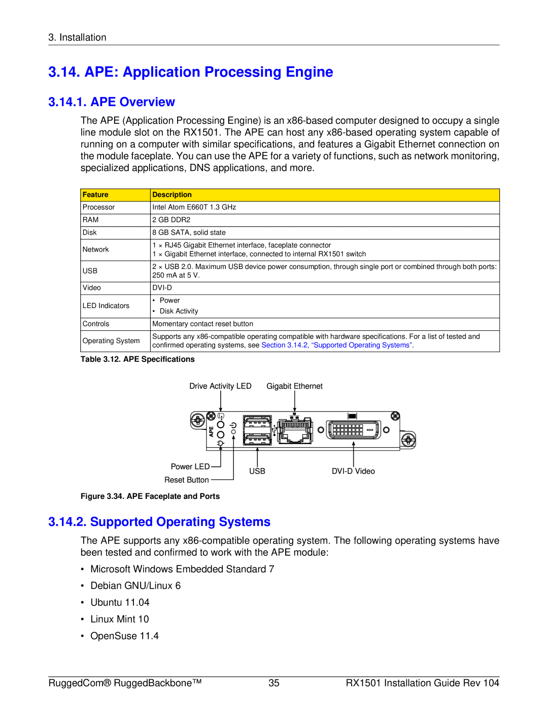 RuggedCom RX1501 manual APE Application Processing Engine, APE Overview, Supported Operating Systems, Feature Description 