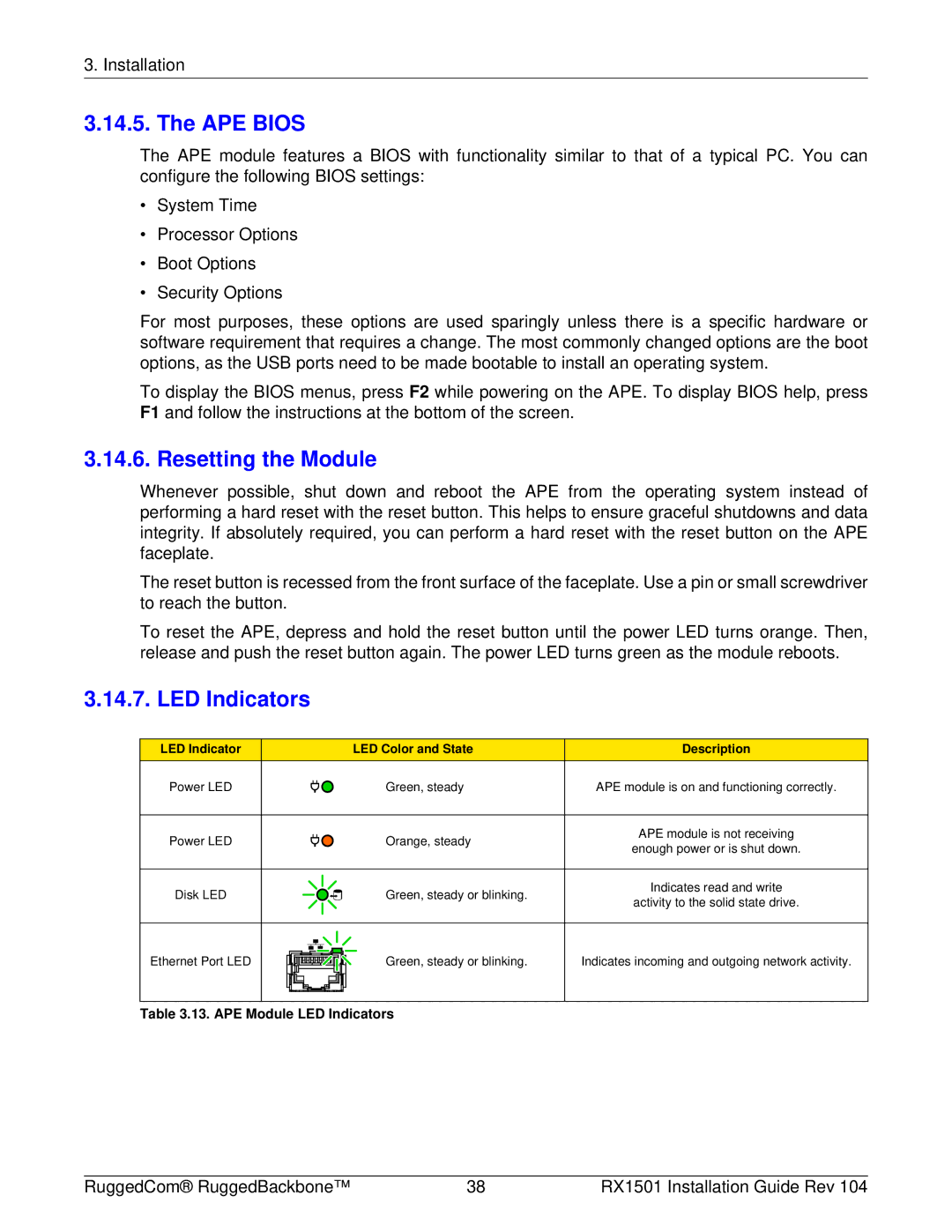 RuggedCom RX1501 manual APE Bios, Resetting the Module, LED Indicators, LED Color and State 