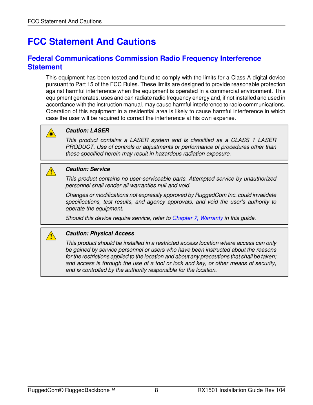 RuggedCom RX1501 manual FCC Statement And Cautions 