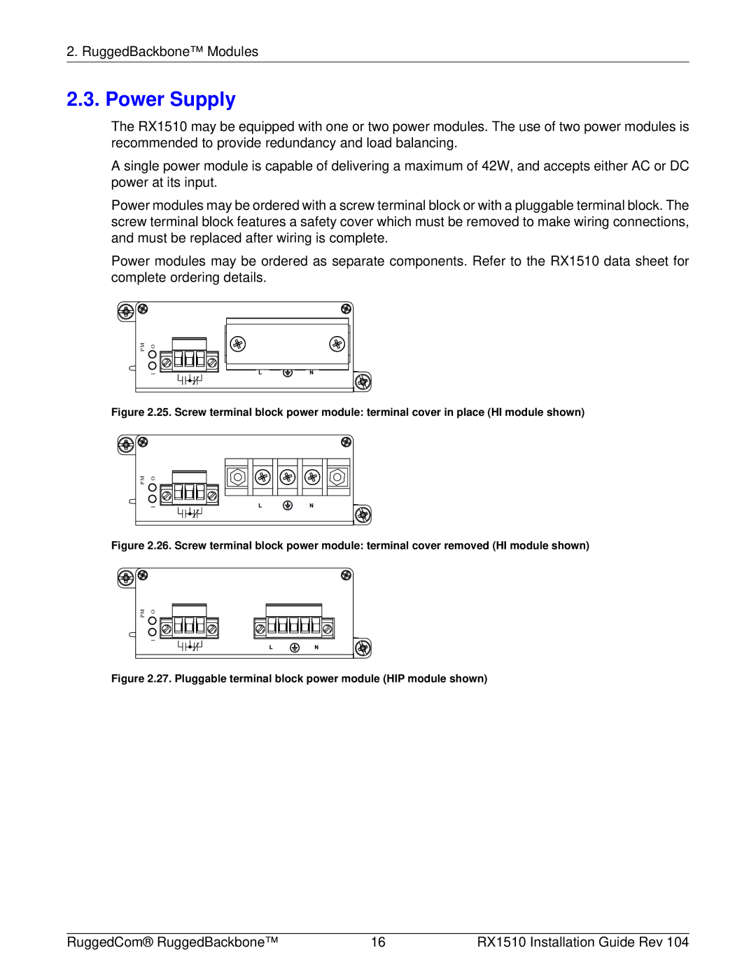 RuggedCom RX1510 manual Power Supply, Pluggable terminal block power module HIP module shown 