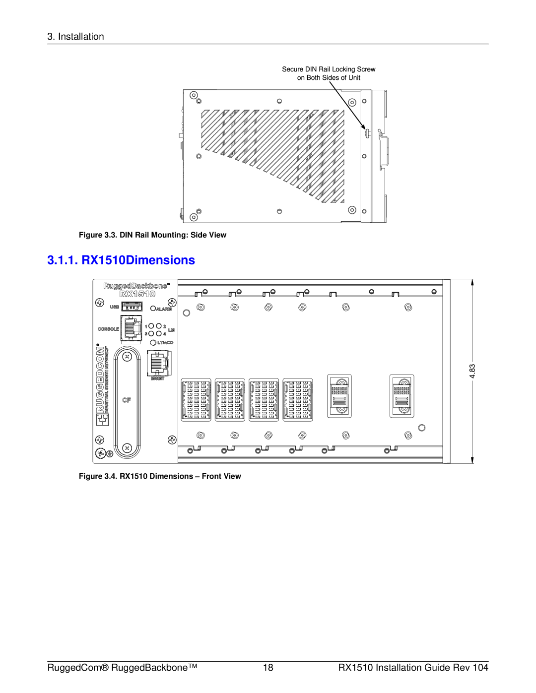 RuggedCom manual 1. RX1510Dimensions, DIN Rail Mounting Side View 