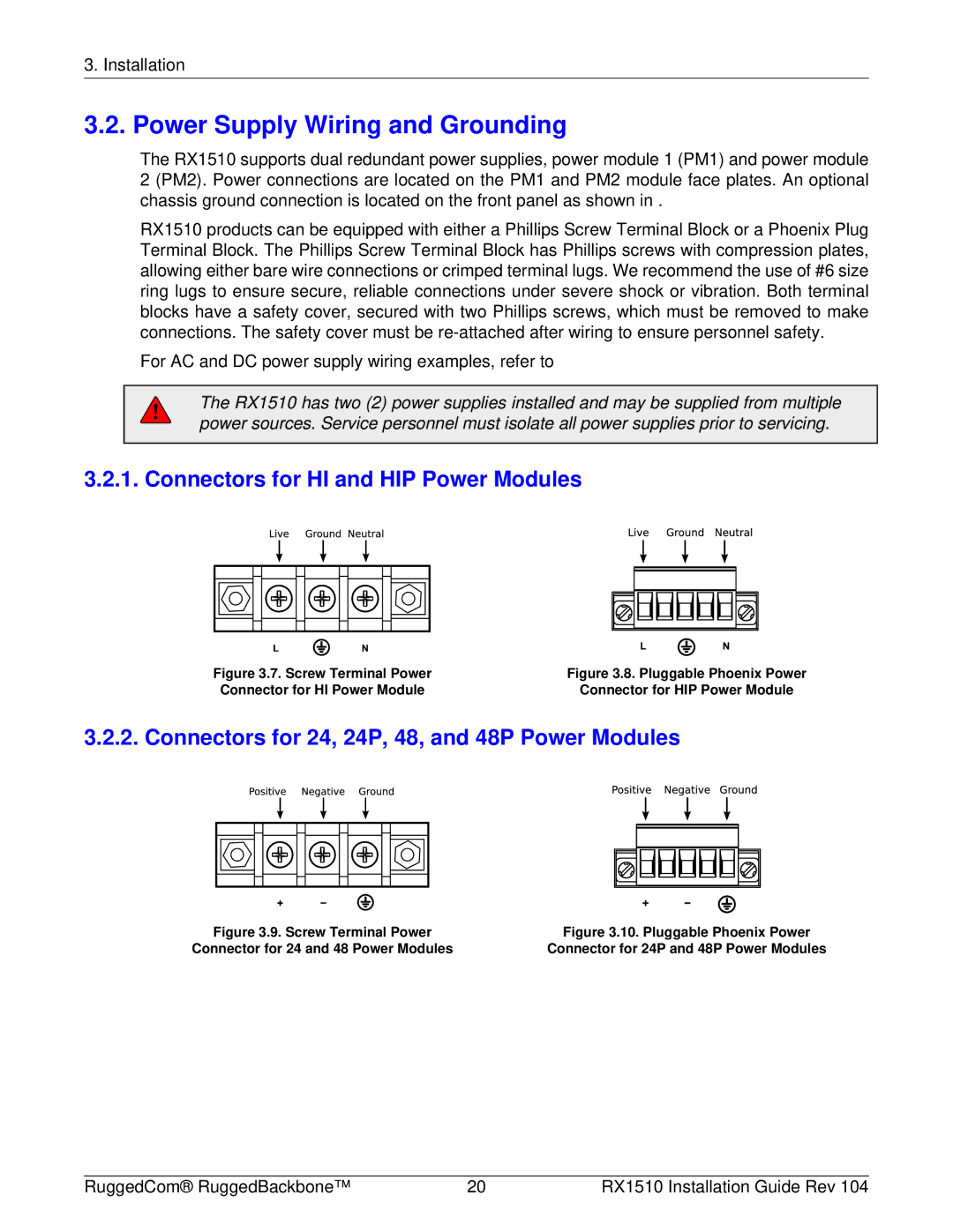 RuggedCom RX1510 manual Power Supply Wiring and Grounding, Connectors for HI and HIP Power Modules 