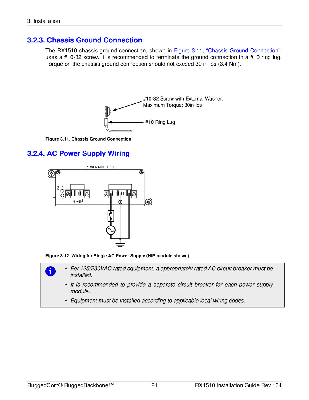 RuggedCom RX1510 manual Chassis Ground Connection, AC Power Supply Wiring 